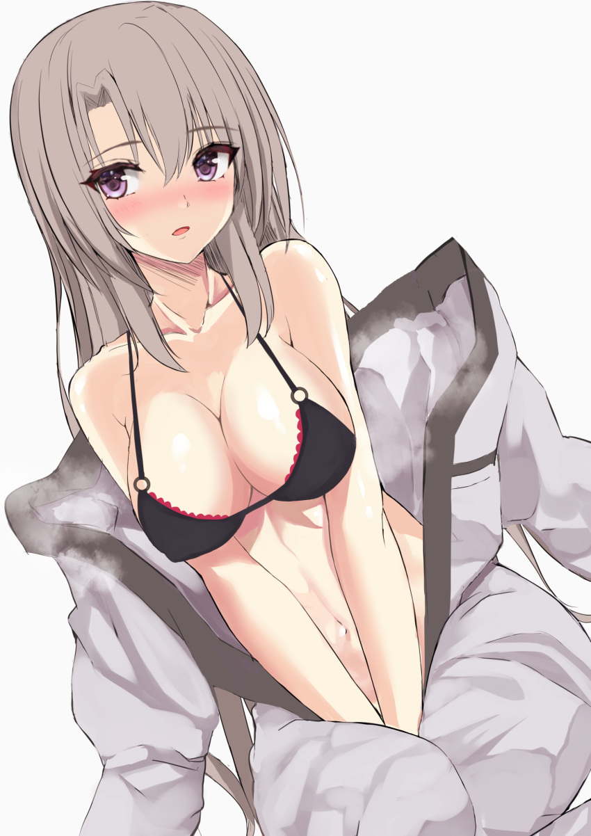 1girl :o bangs bare_shoulders between_legs black_bra blush bodysuit bow bra breasts cleavage collarbone commentary_request dutch_angle eyebrows_visible_through_hair grey_background grey_bodysuit grey_hair hair_bow hand_between_legs head_tilt highres kesoshirou large_breasts long_hair looking_at_viewer navel nose_blush open_clothes open_mouth original simple_background sitting solo steaming_body underwear violet_eyes