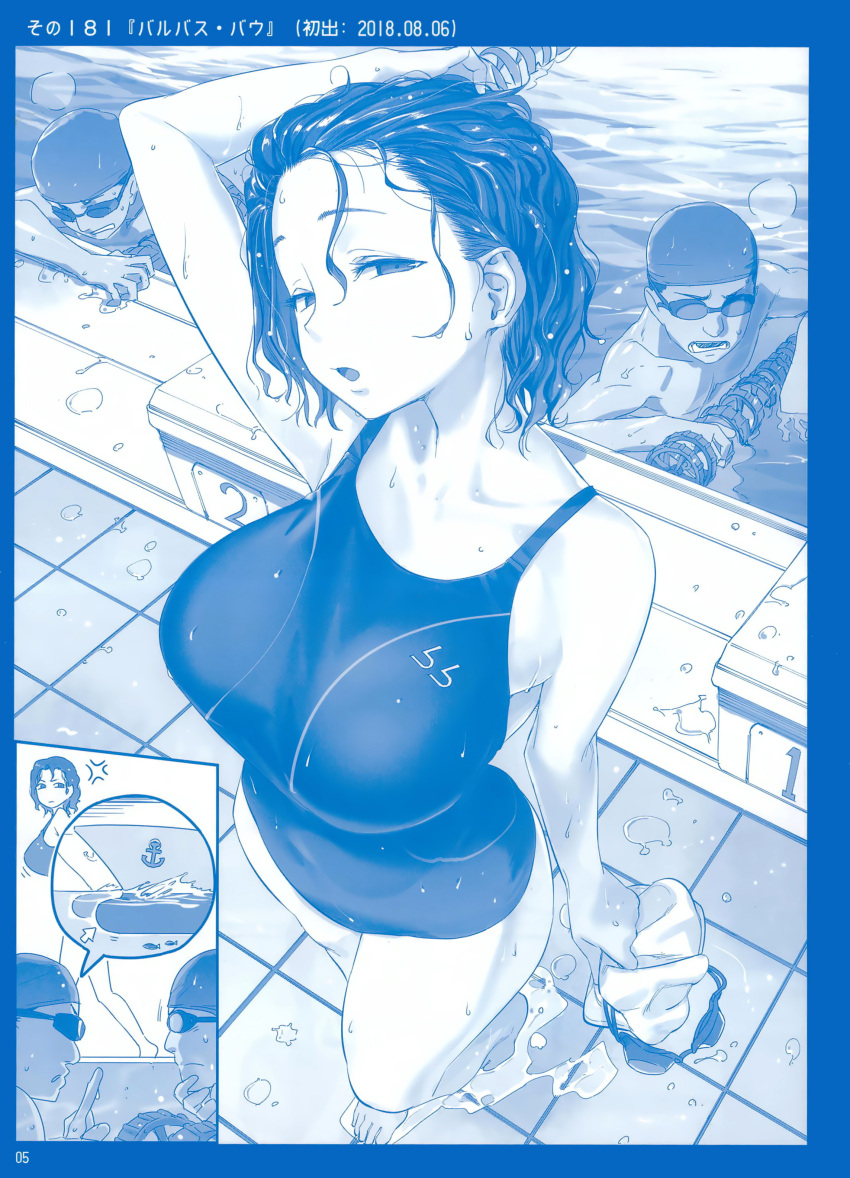 1girl 2boys :o absurdres anchor anger_vein barefoot blue_theme boat breasts comic competition_swimsuit from_above getsuyoubi_no_tawawa goggles half-closed_eyes hand_on_head hand_on_own_head heavy_breathing highres himura_kiseki lane_line large_breasts looking_at_viewer messy_hair monochrome multiple_boys one-piece_swimsuit open_mouth pool poolside scan short_hair silent_comic solo_focus spoken_object standing starting_block swim_cap swim_cap_removed swimsuit visible_air water watercraft wet