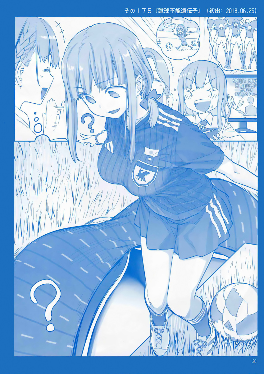 +_+ 2018_fifa_world_cup 3girls :d =_= ? absurdres ai-chan's_mother_(tawawa) ai-chan's_sister_(tawawa) ai-chan_(tawawa) ball blue_theme bow braid brand_name_imitation breasts captain_tsubasa cleavage downblouse eating eyebrows_visible_through_hair food food_on_face getsuyoubi_no_tawawa hair_bow highres himura_kiseki imagining inconvenient_breasts japan kneehighs large_breasts monochrome multiple_girls open_mouth profile rice rice_on_face scan shoes side_braid sidelocks smile sneakers soccer soccer_ball soccer_uniform speech_bubble sportswear takahashi_youichi_(style) television thought_bubble translation_request waving world_cup