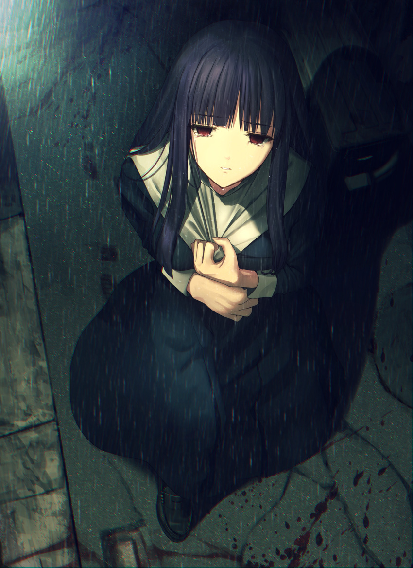 1girl asagami_fujino bangs blood blunt_bangs breasts clothes_grab crying crying_with_eyes_open dress eyebrows_visible_through_hair fate/grand_order fate_(series) from_above highres hollow_eyes kara_no_kyoukai kawanakajima light long_hair long_sleeves looking_at_viewer looking_up outdoors parted_lips purple_dress purple_hair rain red_eyes sad school_uniform solo tears wet