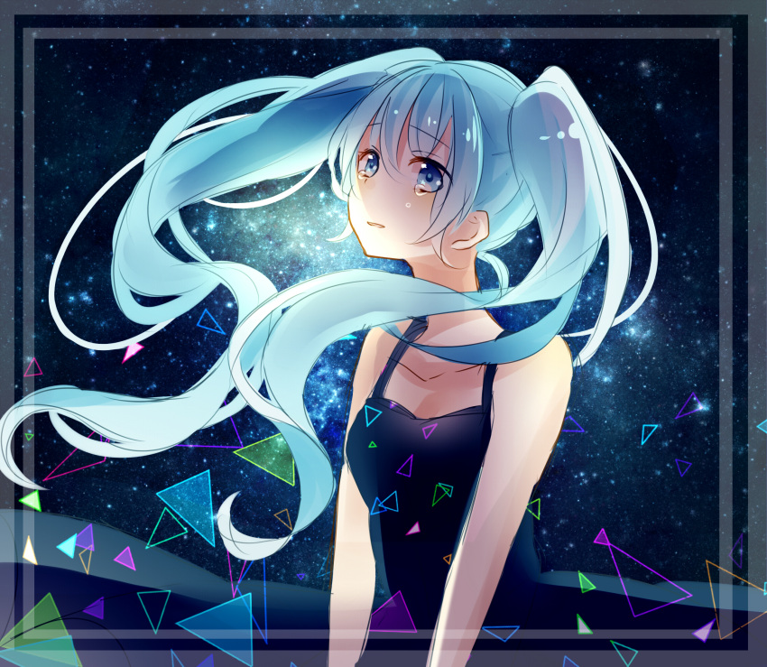 1girl black_dress blue_eyes blue_hair breasts cheng_(job276) cleavage collarbone crying crying_with_eyes_open dress eyebrows_visible_through_hair floating_hair hatsune_miku highres long_hair shiny shiny_hair sketch sky sleeveless sleeveless_dress small_breasts solo standing star_(sky) starry_sky tears twintails very_long_hair vocaloid