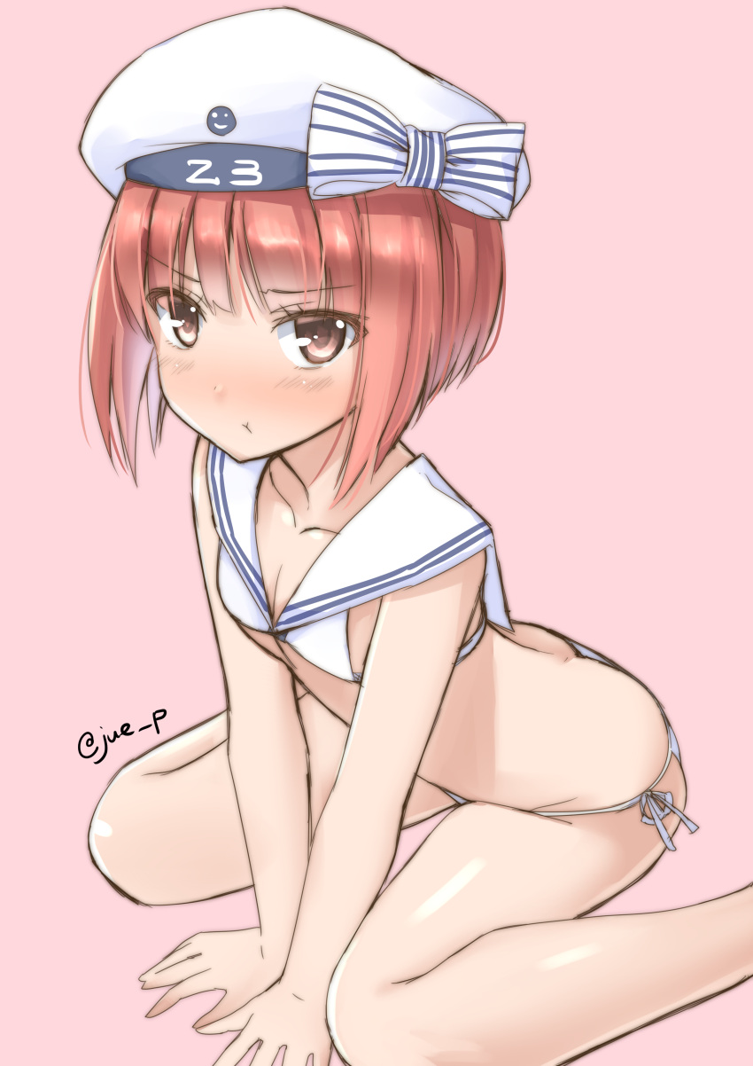 1girl :i :t absurdres all_fours bikini brown_eyes brown_hair clothes_writing commentary_request hat highres kantai_collection pink_background sailor_bikini sailor_collar sailor_hat short_hair simple_background sitting solo swimsuit twitter_username wariza white_bikini white_headwear yuuki_eishi z3_max_schultz_(kantai_collection)