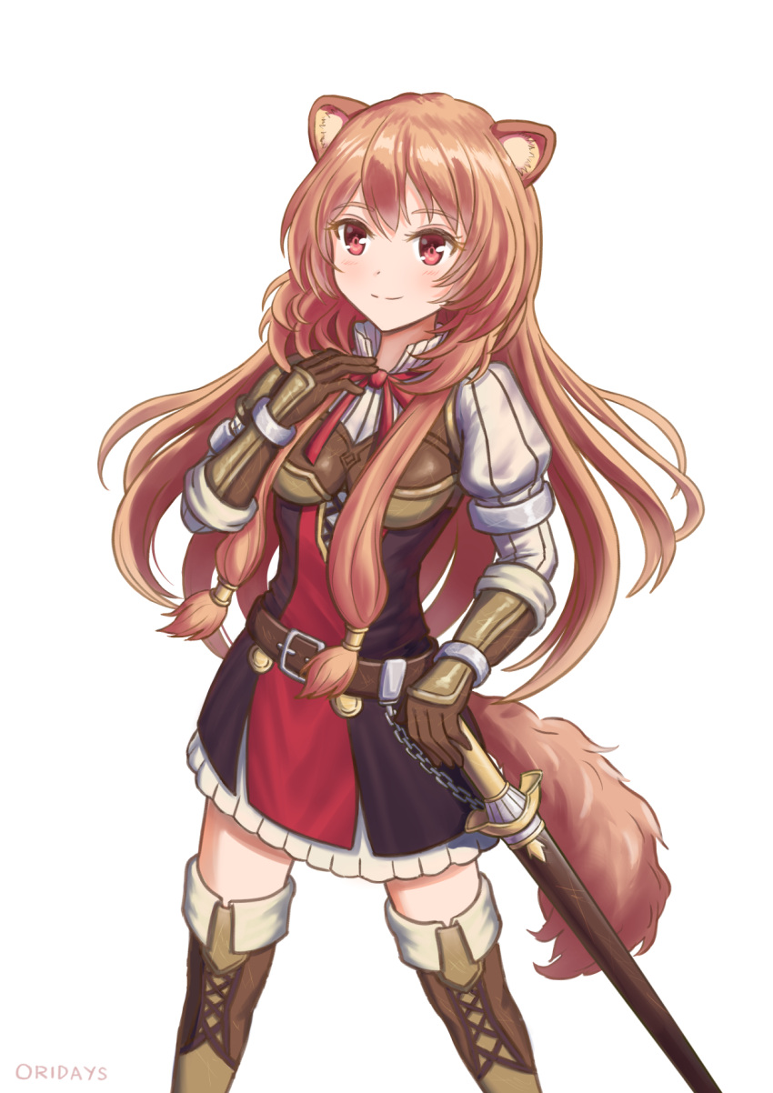 1girl animal_ears artist_name bangs belt boots brown_footwear brown_gloves brown_hair eyebrows_visible_through_hair gloves hand_up highres long_hair long_sleeves looking_at_viewer oridays raccoon_ears raccoon_girl raccoon_tail raphtalia red_eyes red_ribbon ribbon sheath sheathed simple_background smile solo sword tail tate_no_yuusha_no_nariagari thigh-highs thigh_boots very_long_hair weapon white_background