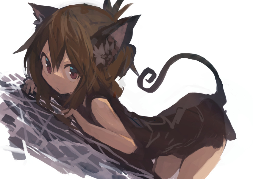 1girl absurdres all_fours animal_ear_fluff animal_ears bangs black_dress brown_eyes brown_hair cat_ears cat_tail dress dutch_angle folded_ponytail hair_between_eyes highres inazuma_(kantai_collection) kaamin_(mariarose753) kantai_collection kemonomimi_mode looking_at_viewer simple_background sleeveless sleeveless_dress solo tail top-down_bottom-up white_background