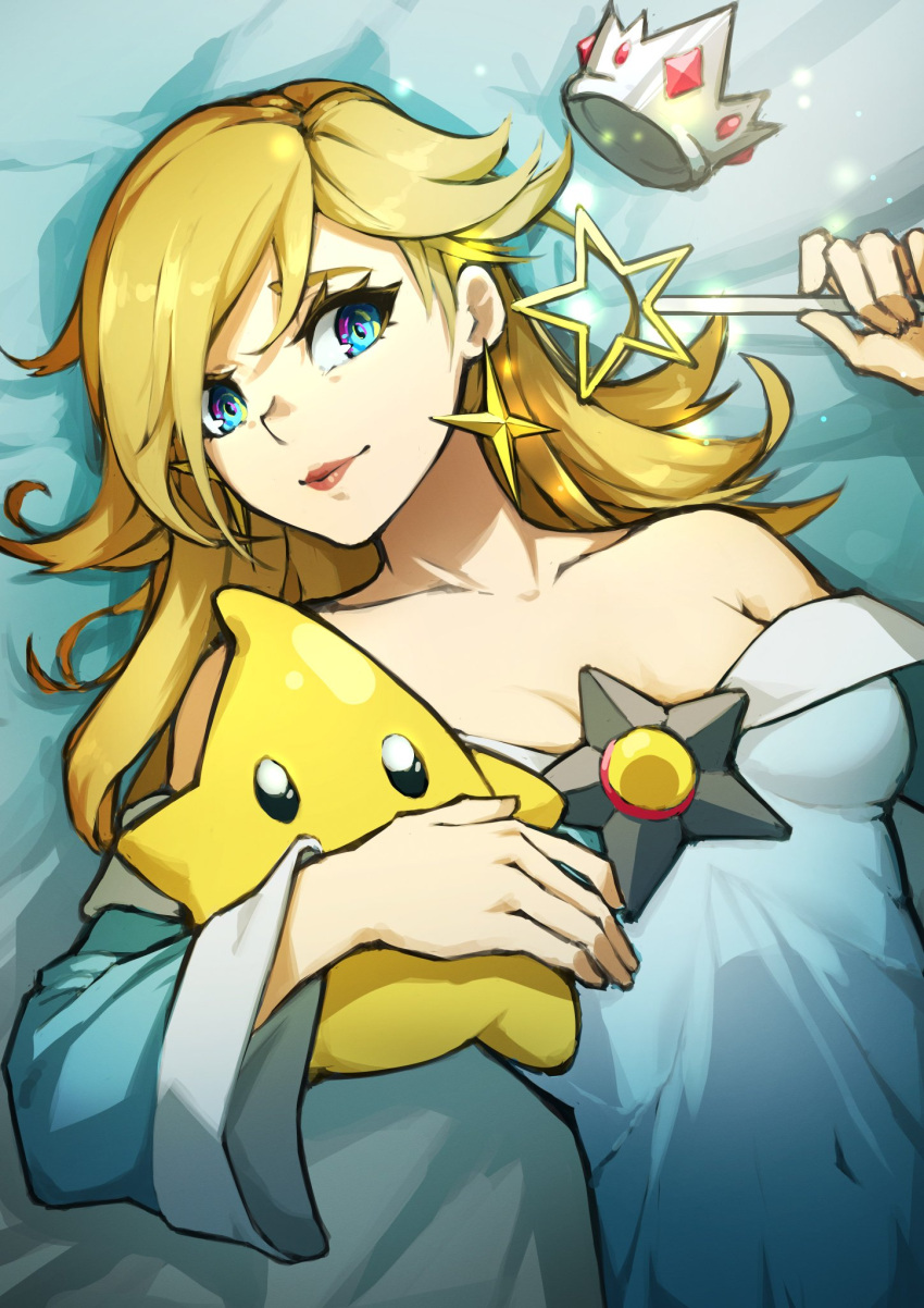 1girl bare_shoulders blonde_hair blue_dress blue_eyes chiko_(mario) closed_mouth collarbone crown dress earrings ears highres image_sample jewelry kuno_(runkunochan) lips long_dress long_hair looking_at_viewer lying super_mario_bros. navel nintendo off-shoulder_dress off_shoulder on_back rosalina solo star super_mario_bros. super_mario_galaxy super_smash_bros. twitter_sample wand