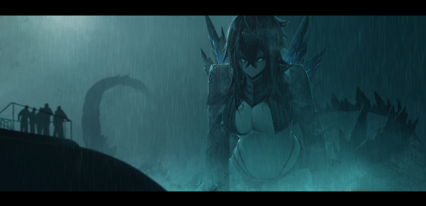 1girl borrowed_design breasts cleavage clouds cloudy_sky dark_clouds dark_sky dishwasher1910 giantess glowing glowing_eyes godzilla godzilla:_king_of_the_monsters godzilla_(2019) godzilla_(series) large_breasts legendary_pictures looking_at_viewer monsterverse navel personification rain serious shrug sky solo_focus spiked_tail spikes stomach submarine tail thong toho_(film_company) water watercraft wet