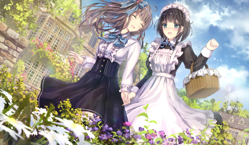 2girls :d ^_^ apron basket black_dress black_skirt blue_bow blue_eyes blue_sky blush bow brown_hair building center_frills closed_eyes closed_eyes clouds cloudy_sky collared_shirt commentary_request day dress dutch_angle field floating_hair flower flower_field hair_bow hand_holding high-waist_skirt highres juliet_sleeves long_hair long_sleeves maid maid_apron maid_headdress missile228 multiple_girls nose_blush open_mouth original outdoors pink_flower puffy_sleeves purple_flower shirt skirt sky smile standing white_apron white_flower white_shirt window