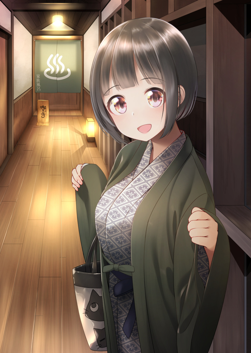 1girl :d bag bangs black_hair blush brown_eyes commentary_request eyebrows_visible_through_hair fingernails head_tilt highres indoors japanese_clothes kimono lantern long_sleeves nekobaka onsen_symbol open_clothes open_mouth original pinching_sleeves short_hair sidelocks sign sleeves_past_wrists smile solo standing wide_sleeves wooden_floor yukata