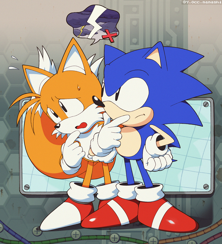 2boys black_eyes clouds commentary_request dark_clouds furry furry_male gloves hand_on_own_face highres male_focus multiple_boys multiple_tails show_chiku-by sonic_(series) sonic_the_hedgehog sonic_the_hedgehog_(classic) tail tails_(sonic) thought_bubble thunder two_tails white_gloves