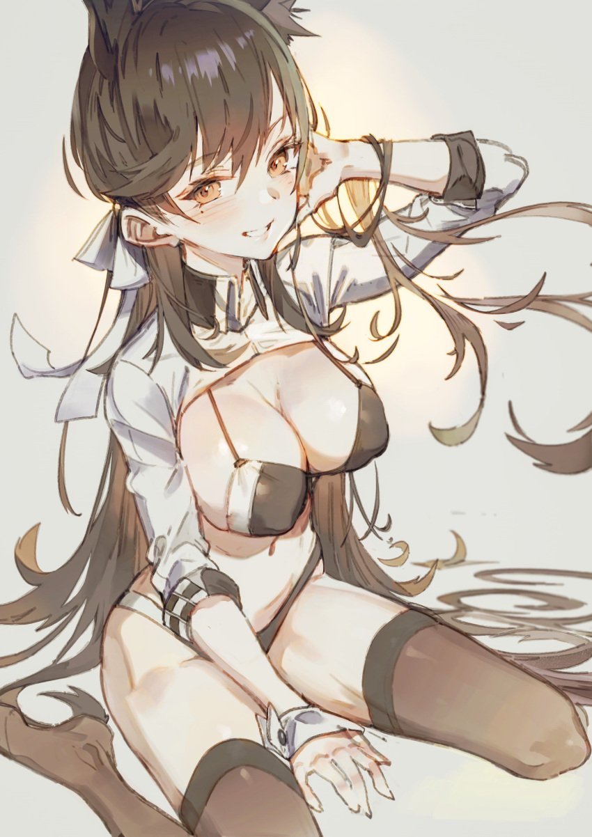 1girl absurdres animal_ears atago_(azur_lane) azur_lane bangs black_hair breasts brown_legwear dog_ears extra_ears full_body highres hong large_breasts long_hair looking_at_viewer mole mole_under_eye parted_lips racequeen shrug_(clothing) simple_background sitting smile solo swept_bangs thigh-highs two-tone_bikini wariza white_background wrist_cuffs