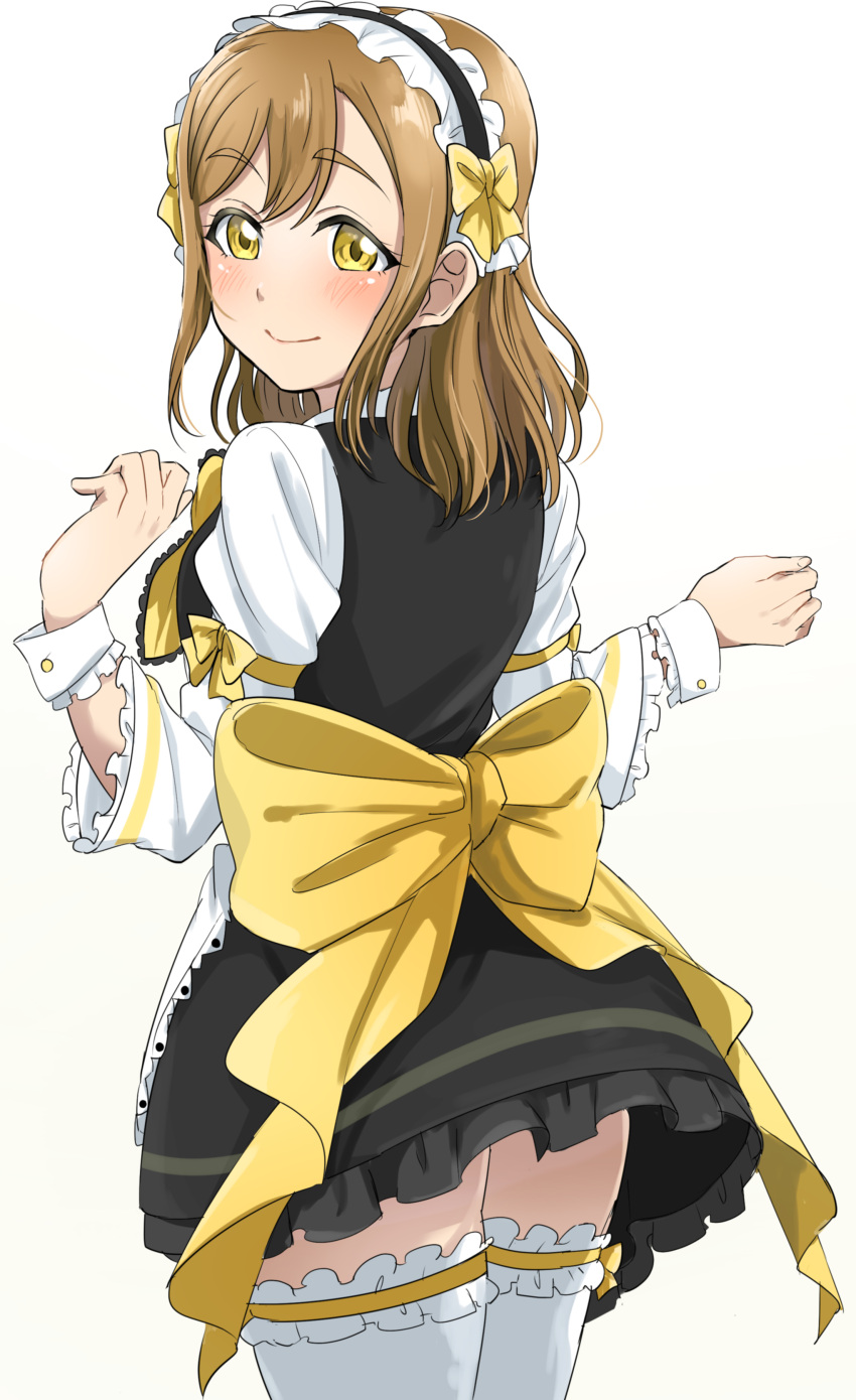 1girl absurdres black_skirt blush bow brown_hair cowboy_shot eyebrows_visible_through_hair frilled_skirt frilled_sleeves frills from_behind hair_bow headdress highres kunikida_hanamaru long_hair long_sleeves looking_at_viewer looking_back love_live! love_live!_sunshine!! miniskirt ribbon shirt simple_background skirt smile solo standing thigh-highs vorupi white_background white_legwear white_shirt wrist_cuffs yellow_bow yellow_eyes yellow_ribbon