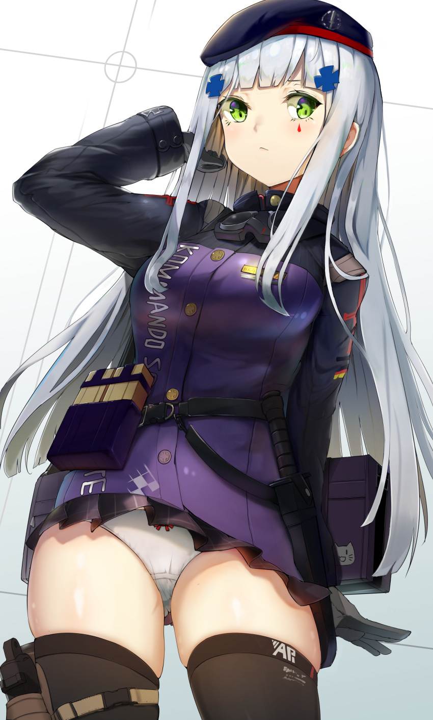 1girl absurdres arm_at_side bangs beret black_legwear blunt_bangs blush breasts clothes_writing combat_knife cowboy_shot expressionless eyebrows_visible_through_hair facial_mark german_flag girls_frontline gloves green_eyes gun hair_ornament hat highres hk416_(girls_frontline) holster hukahire0120 jacket knife knife_holster large_breasts long_hair long_sleeves looking_at_viewer magazine_(weapon) panties plaid plaid_skirt pleated_skirt pouch purple_skirt ribbon-trimmed_panties silver_hair skirt solo teardrop thigh-highs thigh_holster underwear very_long_hair weapon white_panties