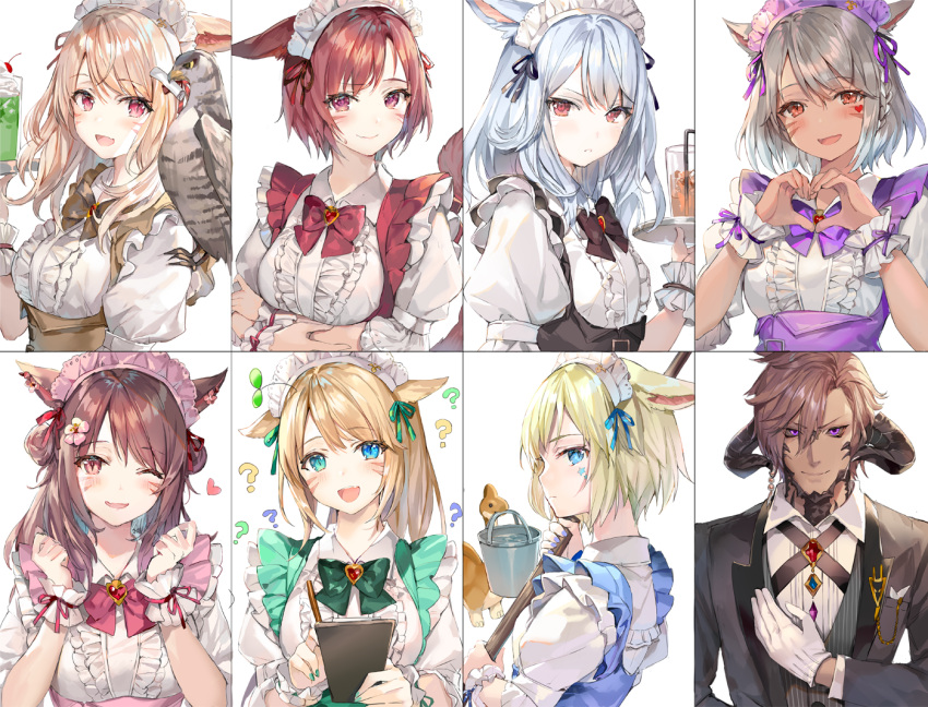 1boy 6+girls :d :o ;d ? animal animal_ears animal_on_shoulder aqua_eyes au_ra bird black_jacket black_neckwear black_ribbon blazer blonde_hair blue_eyes blue_hair blue_ribbon bow bowtie braid brooch brown_hair brown_neckwear bucket butler cherry closed_mouth collared_dress commentary_request cup curled_horns double_bun dress drink drinking_glass drinking_straw facial_mark fang final_fantasy final_fantasy_xiv flower food frilled_dress frills fruit gloves green_nails green_neckwear green_ribbon hair_flower hair_ornament hand_on_own_chest hand_up hands_up heart heart_hands heterochromia holding holding_mop holding_pen holding_tray jacket jewelry long_hair looking_at_viewer maid maid_headdress miqo'te momoko_(momopoco) mop multiple_girls nail_polish one_eye_closed open_mouth parted_lips pen pink_flower ponytail puffy_short_sleeves puffy_sleeves purple_neckwear purple_ribbon red_eyes red_neckwear red_ribbon redhead ribbon scroll short_hair short_sleeves silver_hair smile tray underbust undershirt violet_eyes water whipped_cream white_dress white_gloves wing_collar wrist_cuffs