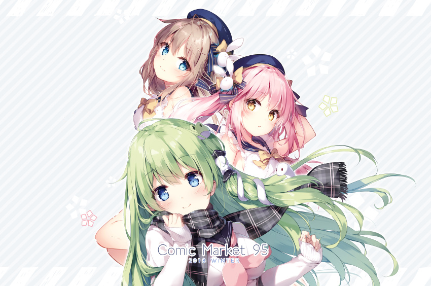 3girls absurdres ahoge alternate_costume bangs bare_shoulders beret black_scarf blue_eyes blue_headwear blue_ribbon blue_sailor_collar blush bow breasts brown_hair bunny_hair_ornament cardigan casual collaboration comiket_95 contemporary diagonal-striped_background diagonal_stripes eyebrows_visible_through_hair frog_hair_ornament green_hair grey_background hair_bow hair_ornament hair_ribbon hair_tubes hand_up hat head_tilt highres jacket kochiya_sanae large_breasts long_hair long_sleeves looking_at_viewer medium_breasts miyase_mahiro mochizuki_shiina multiple_girls neckerchief original pink_hair pink_neckwear plaid plaid_scarf ribbon sailor_collar scarf shirt sleeveless sleeveless_shirt sleeves_past_wrists smile snake_hair_ornament striped striped_background touhou twintails upper_body white_jacket white_shirt yellow_bow yellow_eyes