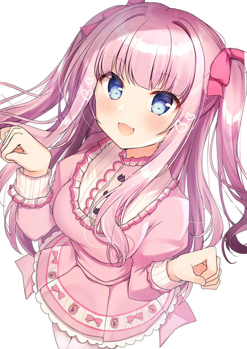 1girl :d absurdres bangs blue_eyes blush bow breasts commentary_request copyright_request dress eyebrows_visible_through_hair fang frills hair_bow hair_intakes hands_up heart highres juliet_sleeves long_hair long_sleeves looking_at_viewer medium_breasts nenobi_(nenorium) open_mouth pantyhose pink_bow pink_dress pink_hair pleated_dress puffy_sleeves simple_background smile solo two_side_up very_long_hair virtual_youtuber white_background white_legwear