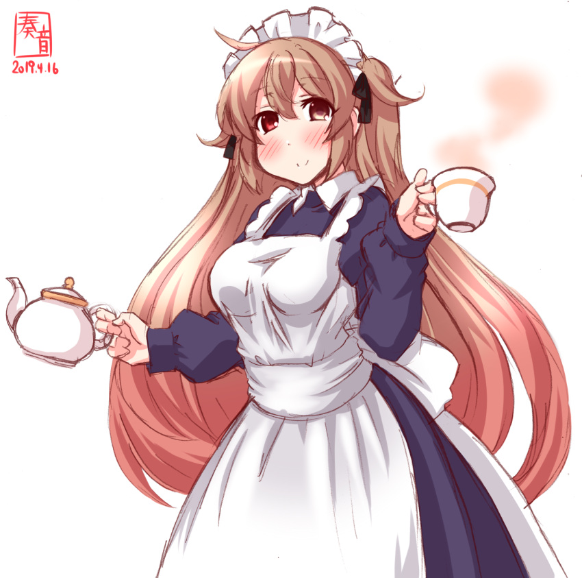 1girl alternate_costume apron artist_logo blue_dress brown_eyes commentary_request cowboy_shot cup dated dress enmaided frilled_apron frills heterochromia highres kanon_(kurogane_knights) kantai_collection light_brown_hair long_hair looking_at_viewer maid murasame_(kantai_collection) red_eyes remodel_(kantai_collection) simple_background smile solo teacup teapot two_side_up white_apron white_background