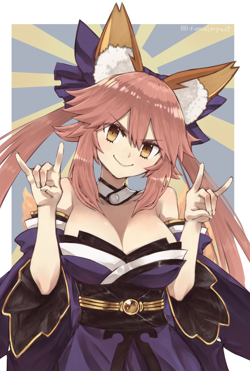 &gt;:) 1girl animal_ear_fluff animal_ears bare_shoulders blue_kimono blue_ribbon blush breasts cleavage detached_sleeves double_fox_shadow_puppet eyebrows_visible_through_hair fate/extra fate/grand_order fate_(series) fox_ears fox_girl fox_shadow_puppet fox_tail fumafu hair_ribbon highres japanese_clothes kimono large_breasts looking_at_viewer multiple_tails pink_hair ribbon smile solo tail tamamo_(fate)_(all) tamamo_no_mae_(fate) yellow_eyes