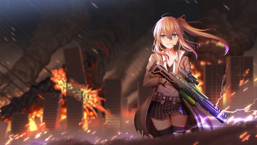 1girl assault_rifle bangs belt black_legwear blonde_hair blue_eyes blush breasts brown_coat cityscape cleavage clouds cloudy_sky coat collared_shirt destruction dust explosion eyebrows_visible_through_hair fire floating_hair girls_frontline gloves grey_skirt grin gun hair_between_eyes hair_ornament hair_ribbon headset holding holding_gun holding_weapon kalina_(girls_frontline) lightning long_hair looking_at_viewer medium_breasts night open_clothes open_coat open_mouth orange_hair pleated_skirt ribbon rifle ruins shirt side_ponytail skirt sky smile solo thigh-highs torn_coat trigger_discipline untucked_shirt walking weapon white_shirt wind zi_ye_(hbptcsg2)