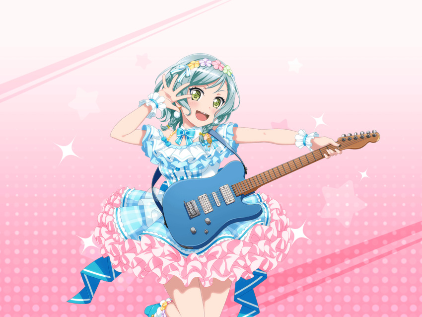 bang_dream! blue_eyes blue_hair blush dress guitar hikawa_hina official_art short_hair smile