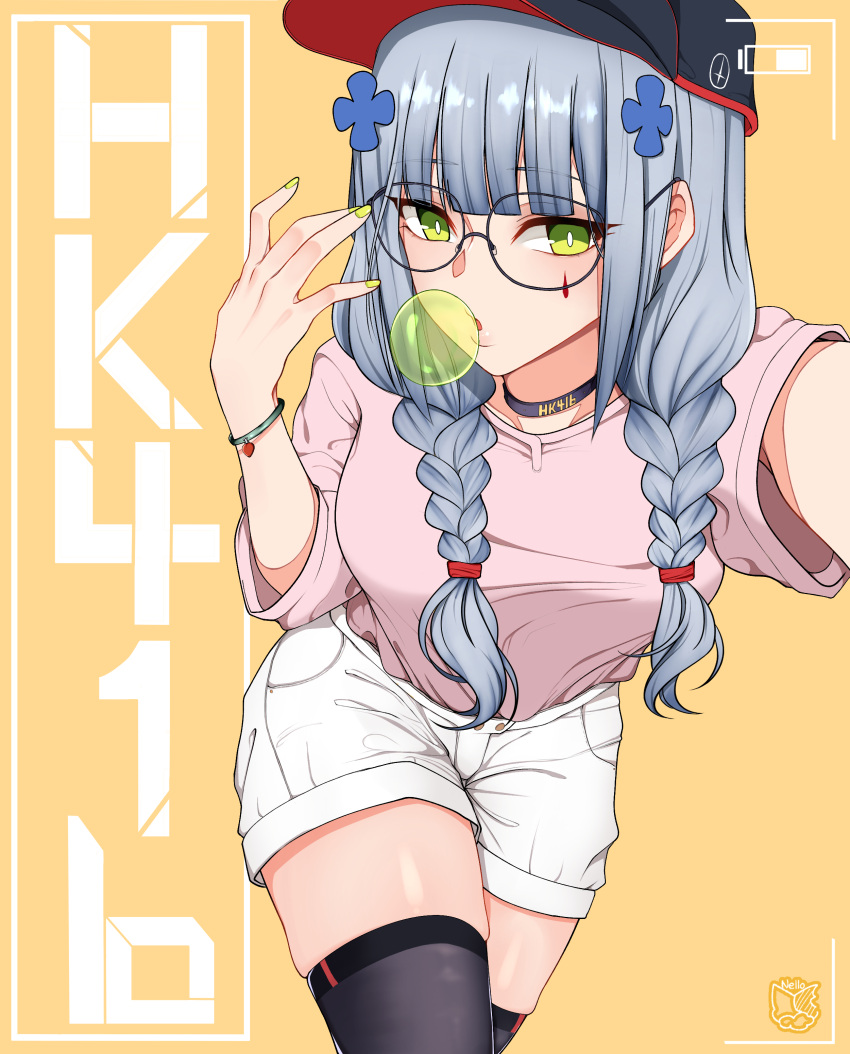 1girl absurdres alternate_costume alternate_hairstyle baseball_cap bracelet bubble_blowing character_name chewing_gum choker eyebrows_visible_through_hair girls_frontline glasses green_eyes hat highres hk416_(girls_frontline) jewelry nail_polish pink_shirt self_shot shirt shorts silver_hair solo twintails wide4358