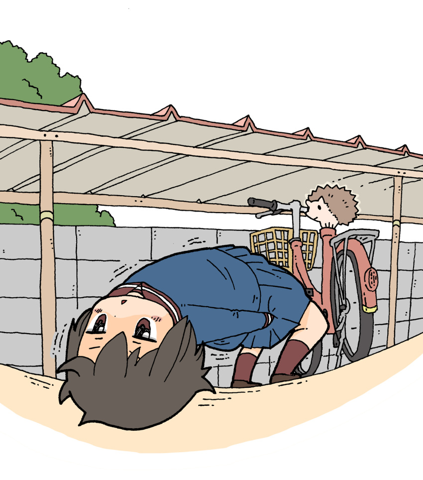 1girl bending_backward bicycle blush_stickers brown_hair commentary ground_vehicle hedgehog highres jitome motion_lines original outdoors school_uniform serafuku shaded_face short_hair triangle_mouth yukimoto_shuuji_(gurigura)