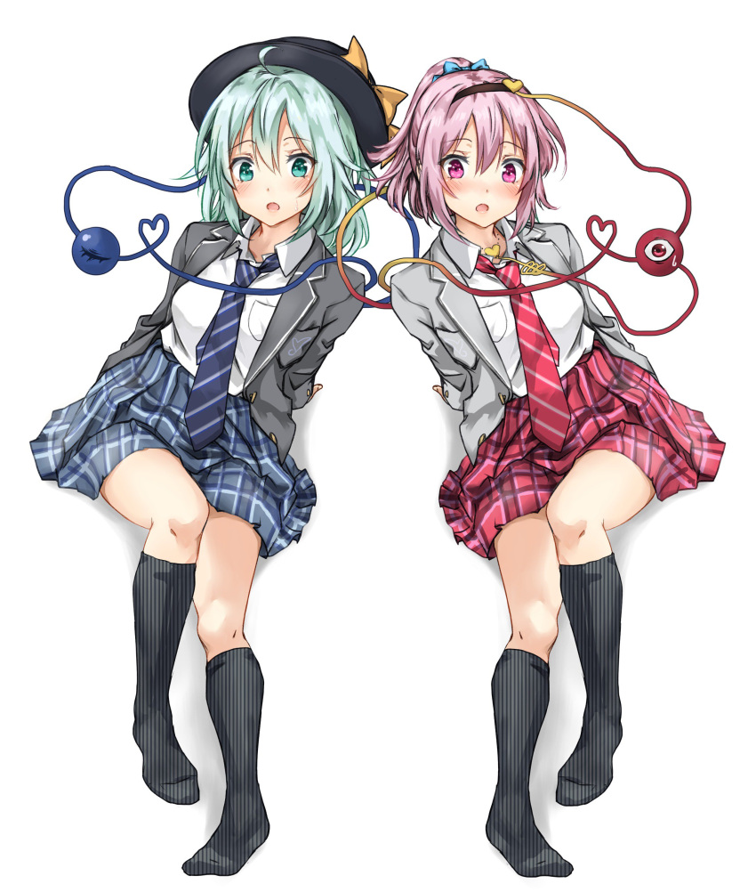 2girls absurdres ahoge alternate_costume alternate_hairstyle amagi_(amagi626) bangs black_hairband black_headwear blazer blue_neckwear blue_skirt blush bow breast_pocket breasts commentary_request contemporary diagonal-striped_neckwear eyebrows_visible_through_hair full_body green_eyes green_hair grey_jacket grey_legwear hair_between_eyes hair_ornament hairband half_updo hat hat_bow heart heart_hair_ornament heart_of_string highres jacket kneehighs komeiji_koishi komeiji_satori long_sleeves looking_at_viewer medium_breasts miniskirt multiple_girls necktie no_shoes open_clothes open_jacket open_mouth pink_eyes pink_hair pink_neckwear pink_skirt plaid plaid_skirt pocket school_uniform shirt short_hair siblings sidelocks simple_background sisters sitting skirt striped striped_legwear sweat thighs third_eye touhou unmoving_pattern vertical-striped_legwear vertical_stripes white_background white_shirt wing_collar yellow_bow