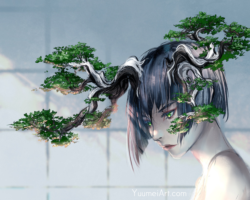 1girl antlers bangs bare_shoulders black_hair bonsai close-up commentary english_commentary face green_eyes lips original painting pale_skin profile short_hair simple_background solo watermark web_address wenqing_yan