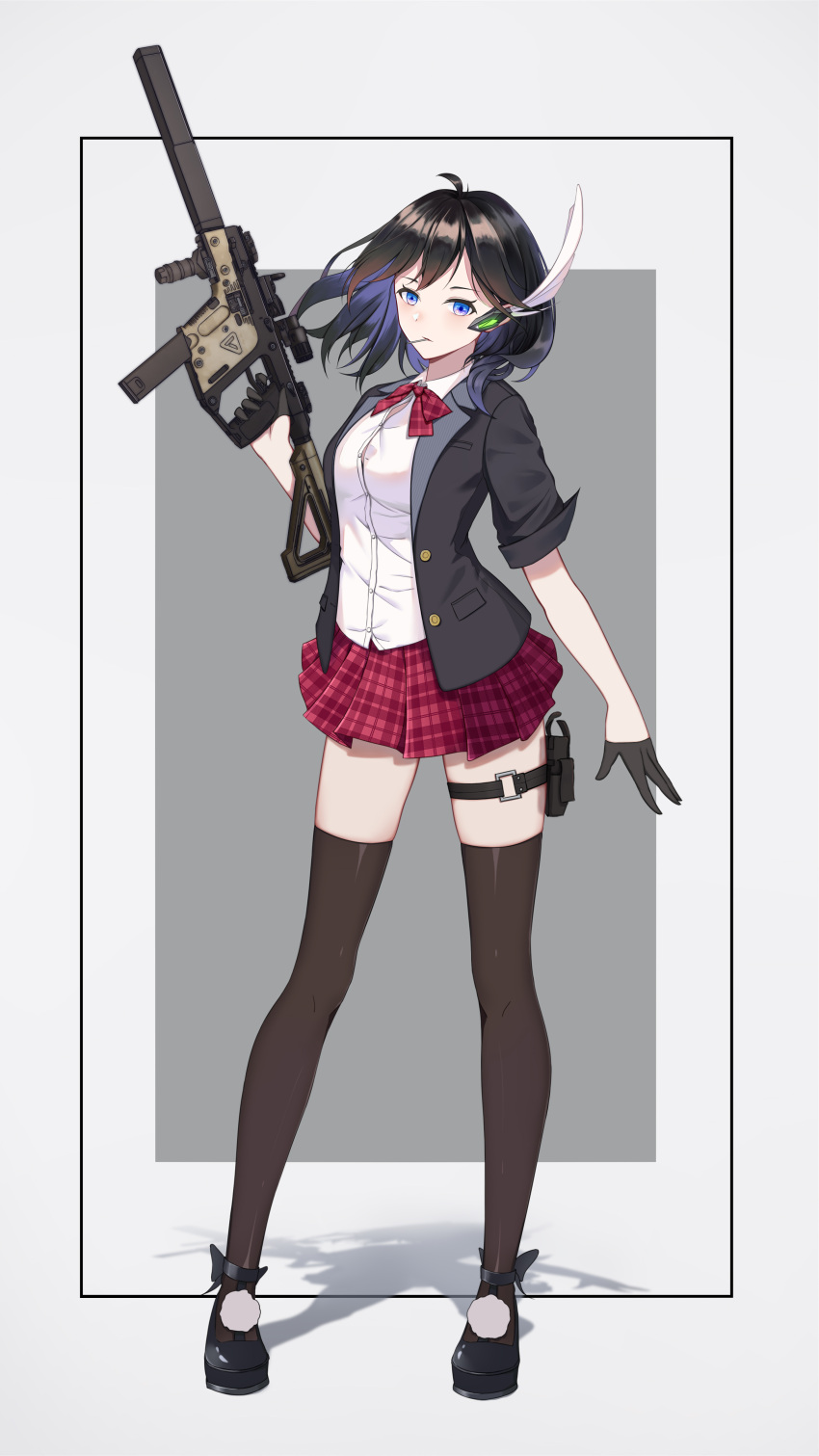 1girl absurdres ahoge akinaz black_hair black_legwear blazer blue_eyes bow candy chinese_commentary commentary_request earpiece finger_on_trigger food full_body gloves gun highres holding holding_gun holding_weapon holster jacket kriss_vector lollipop mary_janes medium_hair mouth_hold original plaid plaid_skirt pleated_skirt school_uniform shoes simple_background skirt solo submachine_gun suppressor thigh-highs thigh_holster weapon