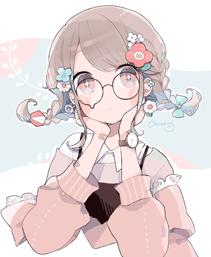 +_+ 1girl absurdres black-framed_eyewear blue_bow blue_flower blue_hair blush_stickers bow braid brown_hair chon_(chon33v) collared_shirt commentary_request cropped_torso earrings flower flower_earrings glasses hair_bow hair_flower hair_ornament hands_on_own_face hands_up highres jacket jewelry long_sleeves low_twintails off_shoulder original pink_jacket puffy_long_sleeves puffy_sleeves red_flower round_eyewear shirt solo twin_braids twintails upper_body white_flower white_shirt