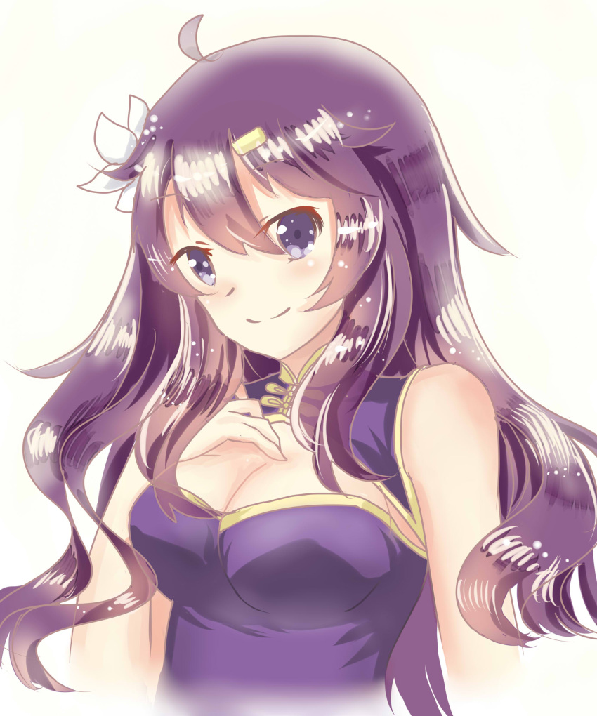 1girl absurdres ahoge blue_eyes breasts china_dress chinese_clothes cleavage cleavage_cutout cropped_torso dress floating_hair hair_ornament hairclip highres long_hair medium_breasts mo_qingxian purple_dress purple_hair shiny shiny_hair simple_background sleeveless sleeveless_dress smile solo upper_body vocaloid vocanese white_background yaduo