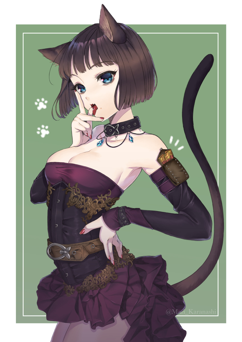 1girl absurdres animal_ear_fluff animal_ears arm_pouch belt blue_eyes bob_cut breasts brown_hair cat_day cat_ears cat_girl cat_tail cleavage collar commentary corset detached_sleeves dress eyebrows_visible_through_hair fang finger_licking hand_on_hip highres karanashi_mari licking looking_at_viewer nail_polish original paw_print short_hair simple_background solo strapless strapless_dress tail tongue twitter_username