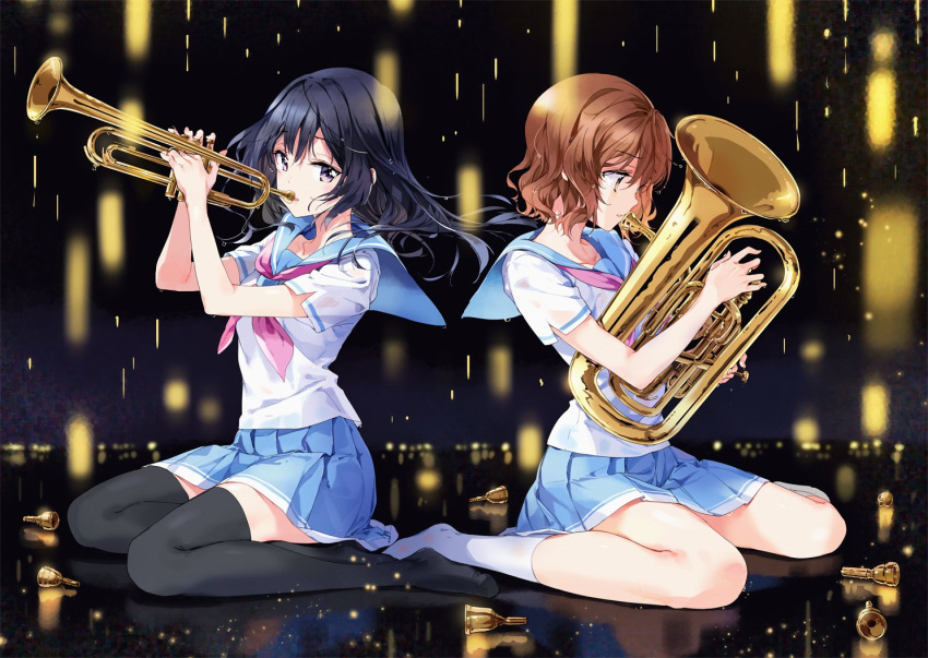 2girls back-to-back black_hair black_legwear blue_skirt brown_eyes brown_hair collarbone crying euphonium eyebrows_visible_through_hair floating_hair from_side full_body hands_up hibike!_euphonium instrument kneehighs kousaka_reina light_blue_skirt long_hair looking_at_viewer mouthpiece multiple_girls neckerchief necktie no_shoes oumae_kumiko pink_neckwear pleated_skirt profile reflection sailor_collar school_uniform see-through serafuku short_hair short_sleeves sitting skirt socks thigh-highs tiv trumpet violet_eyes wariza wavy_hair white_legwear