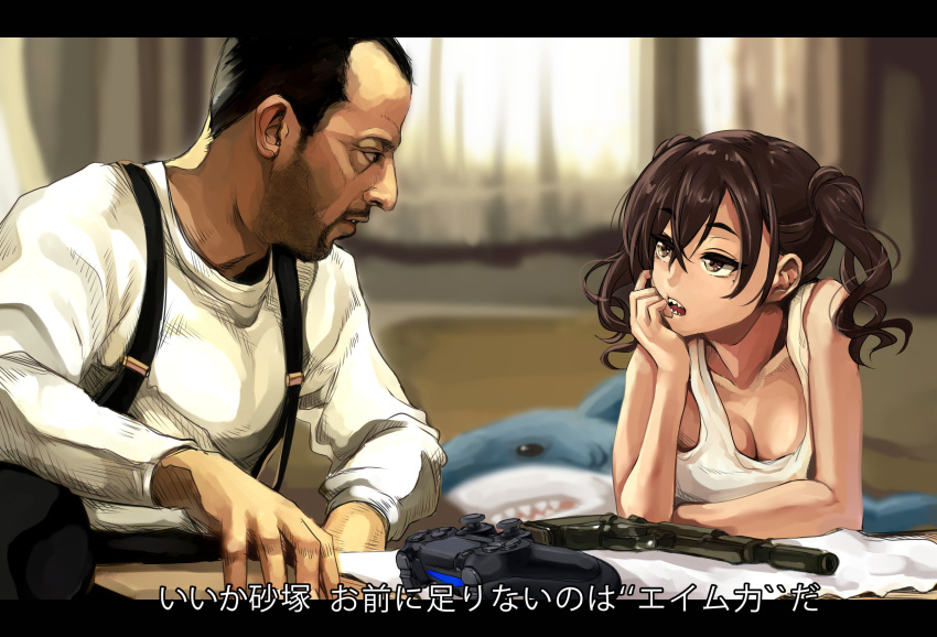 1boy 1girl breasts brown_eyes brown_hair chin_rest cleavage commentary_request crossover gun hair_between_eyes handgun highres idolmaster idolmaster_cinderella_girls ikea_shark leaning_forward leon_(leon_the_professional) leon_the_professional letterboxed looking_at_another mole mole_under_eye open_mouth pistol playstation_controller sharp_teeth short_twintails small_breasts stuffed_animal stuffed_shark stuffed_toy subtitled sunazuka_akira tank_top tdnd-96 teeth translation_request twintails weapon white_tank_top