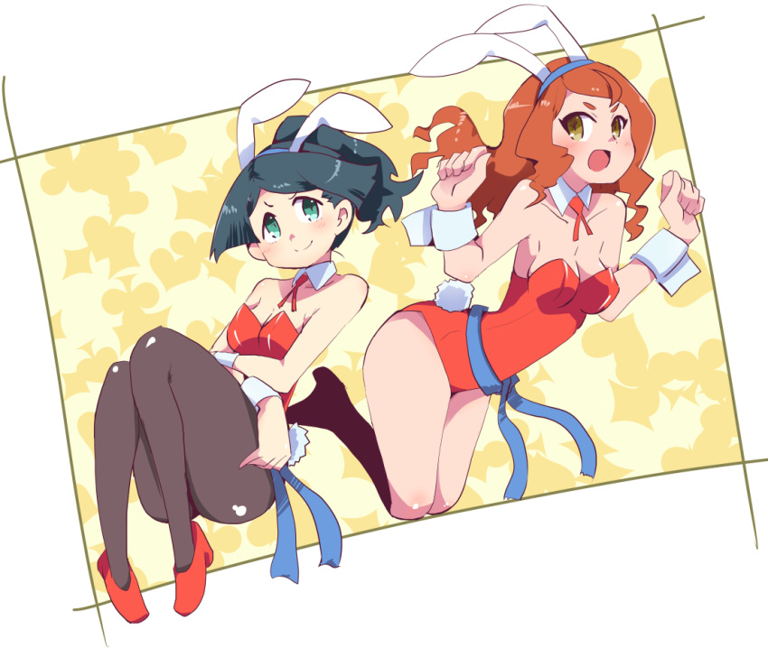 2girls animal_ears aqua_eyes barbara_parker bare_shoulders black_hair blush breasts brown_hair bunny_tail bunnysuit cleavage detached_collar fake_animal_ears hands_up hanna_england hys-d knees_up leotard little_witch_academia long_hair medium_breasts multiple_girls open_mouth pantyhose ponytail rabbit_ears red_footwear red_leotard shoes smile strapless strapless_leotard tail wrist_cuffs yellow_eyes