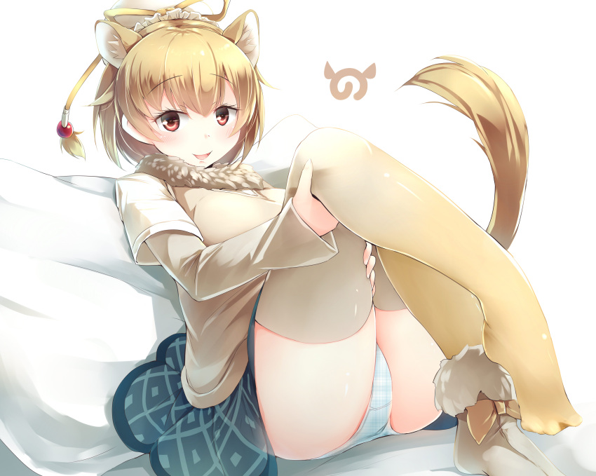 1girl :d absurdres animal_ear_fluff bangs blonde_hair boots bun_cover camel_ears camel_tail commentary_request dromedary_(kemono_friends) extra_ears eyebrows_visible_through_hair fur_collar hair_bun highres japari_symbol kanzakietc kemono_friends long_sleeves looking_at_viewer open_mouth panties pantyshot pillow plaid plaid_panties red_eyes short_hair short_over_long_sleeves short_sleeves single_boot skirt smile solo tail thigh-highs underwear