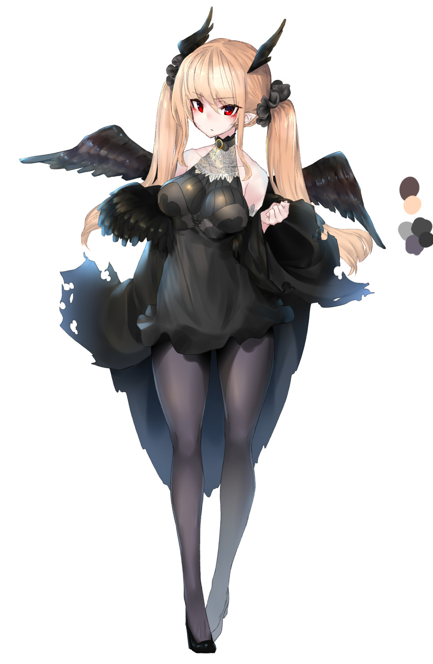 1girl absurdres black_dress black_footwear black_legwear black_wings blonde_hair blush clenched_hand dress full_body hair_wings hand_up highres long_hair looking_at_viewer original pantyhose pointy_ears red_eyes samesann sleeveless sleeveless_dress solo twintails very_long_hair white_background wings