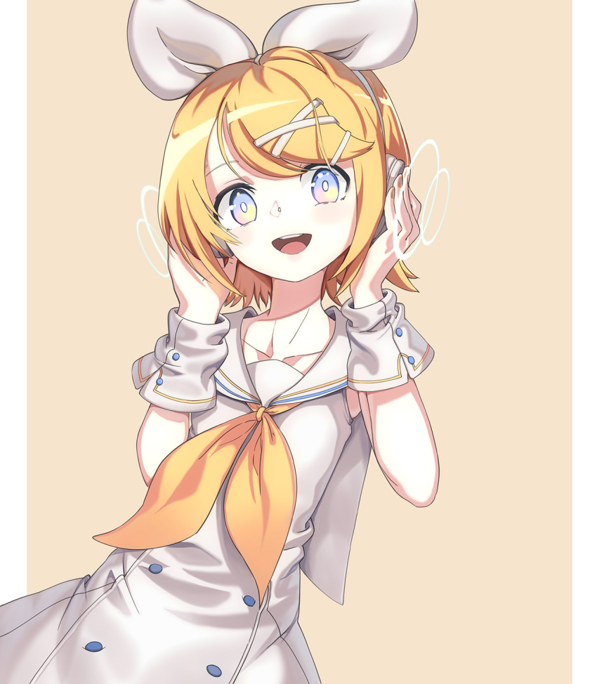 1girl alternate_costume ascot blonde_hair blue_eyes bow bright_pupils buttons detached_sleeves dress frank_lee_(dfgh132) hair_bow hair_ornament hairclip hands_on_head hands_on_headphones headphones headset highres kagamine_rin listening_to_music multicolored multicolored_eyes nail_polish open_mouth pastel_colors sailor_collar sailor_dress shirt short_hair sleeveless sleeveless_shirt smile vocaloid white_pupils yellow_nails yellow_neckwear
