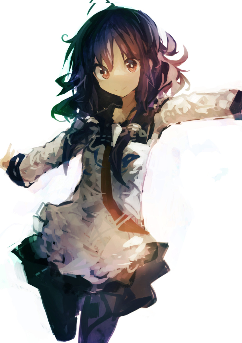 1girl absurdres ahoge apron backlighting bangs cowboy_shot hair_between_eyes hair_flaps hair_ribbon highres kaamin_(mariarose753) kantai_collection long_hair looking_at_viewer low_twintails neckerchief outstretched_arms pleated_skirt purple_hair red_eyes ribbon school_uniform serafuku skirt smile solo taigei_(kantai_collection) thigh-highs twintails white_background