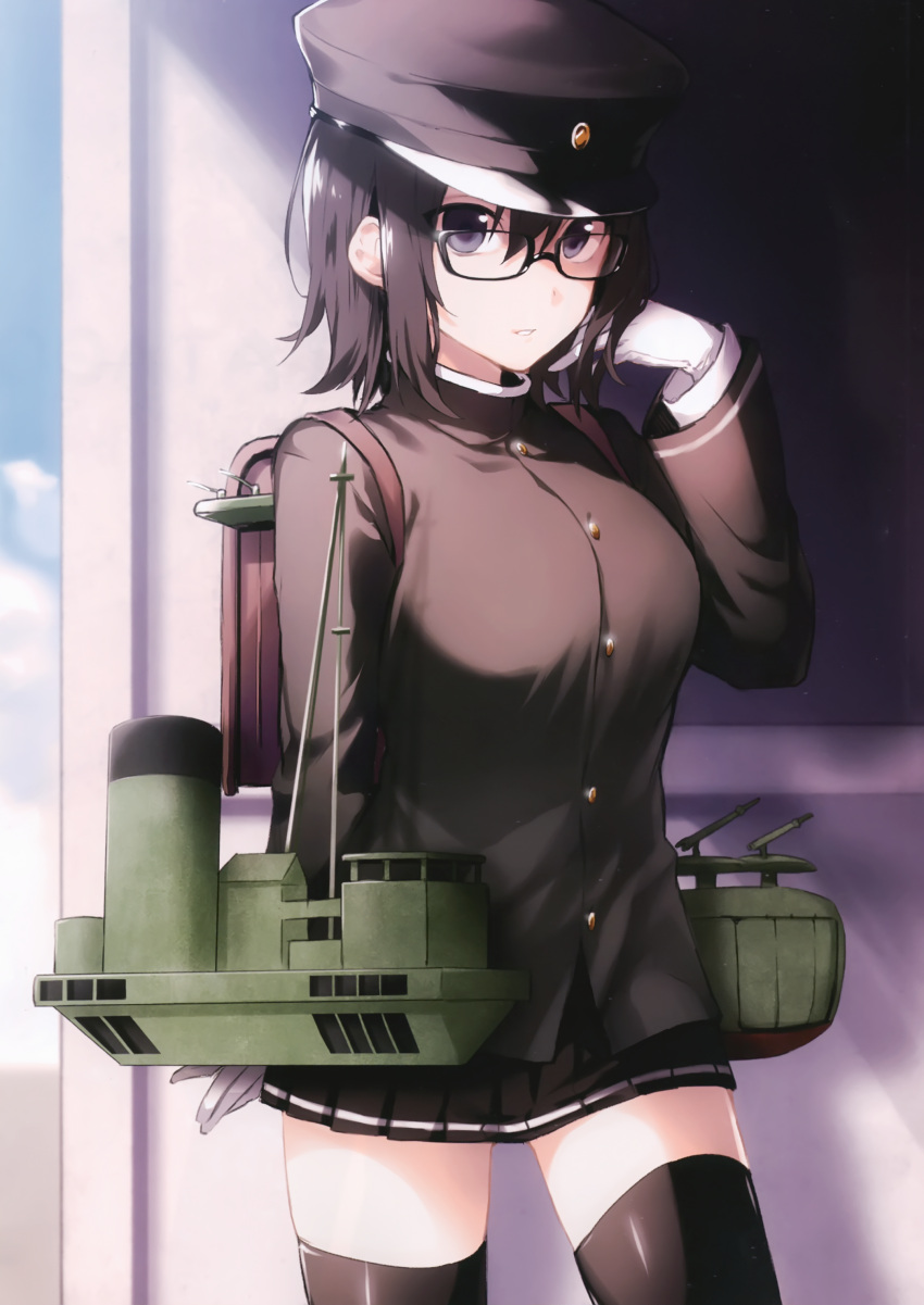 1girl absurdres akitsu_maru_(kantai_collection) arisaka_ako backpack bag bangs bespectacled black-framed_eyewear black_hair black_legwear blue_eyes breasts cowboy_shot day glasses gloves hair_between_eyes hand_up hat highres kantai_collection large_breasts long_sleeves looking_at_viewer miniskirt outdoors pale_skin parted_lips peaked_cap pleated_skirt randoseru remodel_(kantai_collection) rigging scan shade short_hair sidelocks skirt solo thigh-highs thighs uniform white_gloves zettai_ryouiki