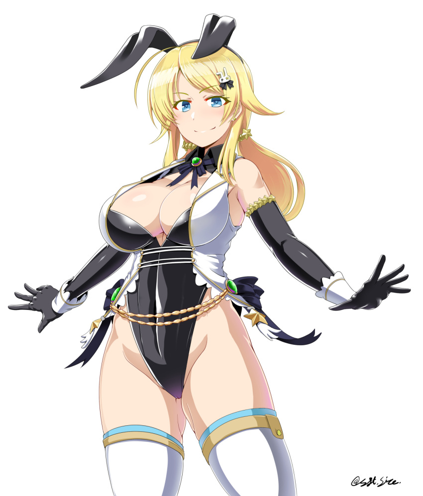 1girl ahoge animal_ears bangs blonde_hair blue_eyes breasts bunny_girl bunnysuit commentary_request eyebrows_visible_through_hair hachimiya_meguru hair_ornament hairclip highres idolmaster idolmaster_shiny_colors large_breasts long_hair looking_at_viewer low_twintails rabbit_ears saizu_nitou_gunsou smile solo twintails