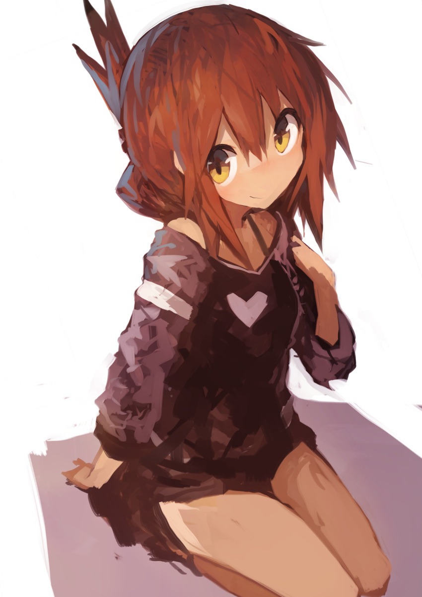 1girl absurdres arm_support bangs black_shirt brown_eyes brown_hair folded_ponytail hair_between_eyes head_tilt heart heart_print highres inazuma_(kantai_collection) kaamin_(mariarose753) kantai_collection long_sleeves looking_at_viewer off_shoulder seiza shirt short_shorts shorts sitting smile solo white_background