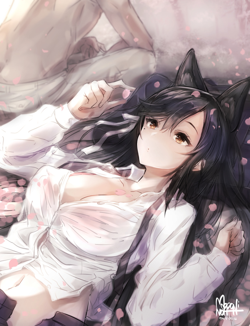 1boy 1girl atago_(azur_lane) azur_lane bangs black_hair black_skirt blush breasts brown_eyes cherry_blossoms cleavage collarbone commentary_request dated dress_shirt eyebrows_visible_through_hair hair_between_eyes hair_ribbon hands_up highres holding holding_petal long_hair long_sleeves looking_away lying mappaninatta medium_breasts navel on_back open_clothes open_skirt pants petals ribbon shirt shirtless signature sitting skirt sleeves_past_wrists solo_focus spring_(season) very_long_hair white_pants white_ribbon white_shirt
