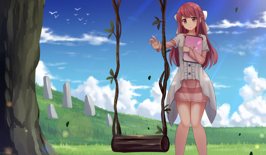 1girl blue_sky blush bow brown_eyes center_frills clouds commentary commission day dress english_commentary feet_out_of_frame frills grass hair_bow highres kazenokaze long_hair long_sleeves outdoors outstretched_arm parted_lips pink_skirt red_eyes rin_(shelter) shelter_(music_video) short_over_long_sleeves short_sleeves skirt sky solo standing swing tree very_long_hair white_bow white_dress