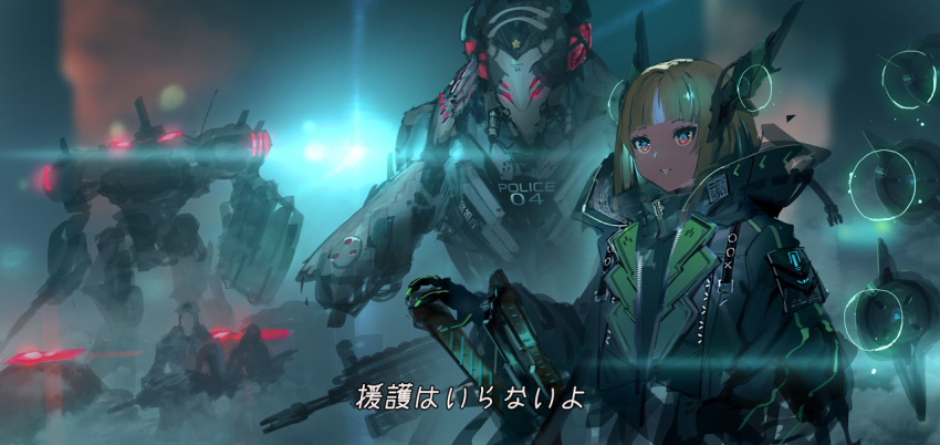 1girl aguy bangs black_gloves black_jacket black_shirt blonde_hair blunt_bangs blurry blurry_background commentary_request depth_of_field gloves glowing hand_on_hip headgear jacket long_sleeves looking_away mecha open_clothes open_jacket original parted_lips puffy_long_sleeves puffy_sleeves red_eyes robot shirt sketch solo translation_request upper_body