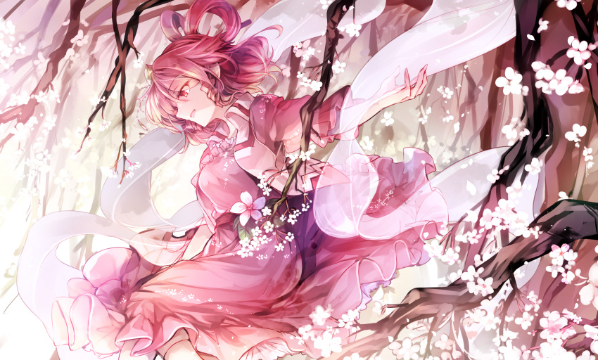 1girl absurdres alternate_color bangs belt black_belt branch breasts cherry_blossoms commentary_request dress drill_hair drill_locks eyebrows_visible_through_hair feet_out_of_frame flower hair_between_eyes hair_ornament hair_rings hair_stick highres kaku_seiga kutsuki_kai leaf medium_breasts open_mouth pink_dress pink_eyes pink_flower pink_hair puffy_short_sleeves puffy_sleeves shawl short_sleeves smile solo touhou vest white_vest wing_collar