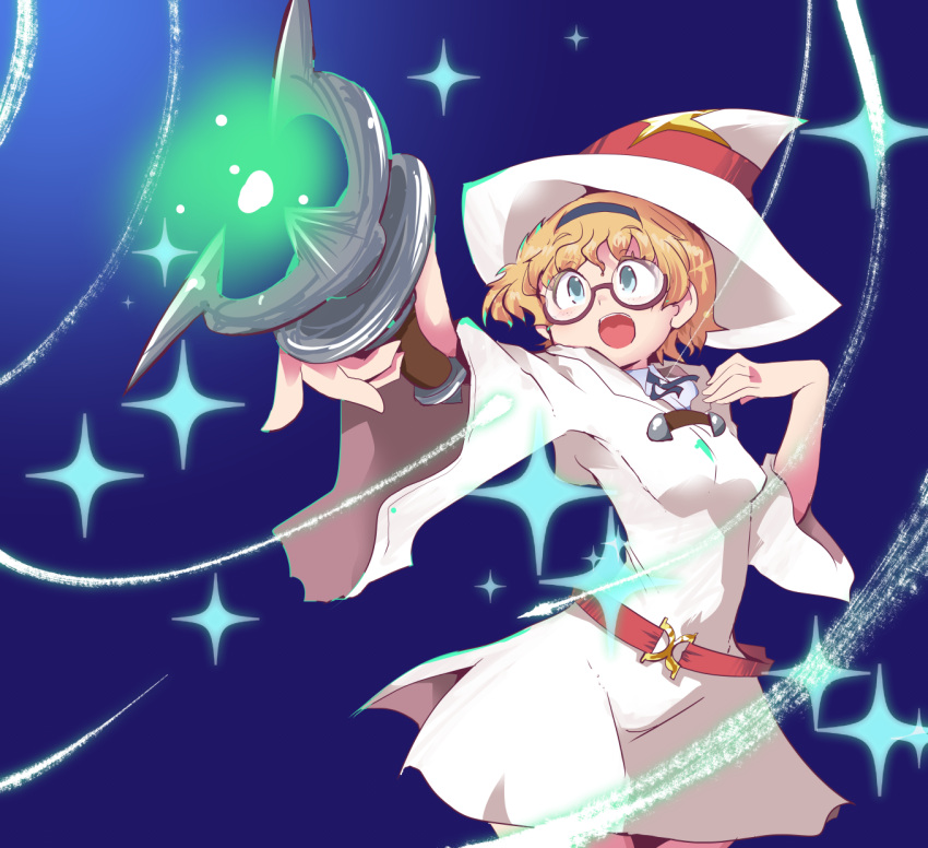 1girl belt blonde_hair blue_eyes breasts cowboy_shot dress eyebrows_visible_through_hair foreshortening freckles glasses gradient hairband hand_up hat highres hys-d little_witch_academia long_sleeves lotte_jansson round_eyewear semi-rimless_eyewear short_hair solo under-rim_eyewear wand white_dress white_headwear witch witch_hat