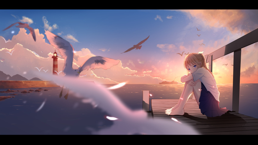 1girl absurdres akinaz barefoot bird blonde_hair blue_eyes blurry_foreground chinese_commentary clouds commentary_request highres legs_up letterboxed looking_at_viewer ocean original pier ponytail school_uniform seagull sitting sky sunset