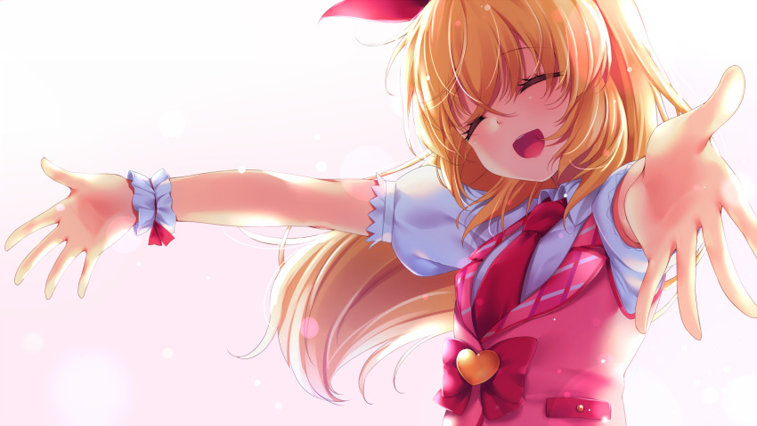 1girl aikatsu! aikatsu!_(series) blonde_hair breasts chiyonekoko closed_eyes commentary_request eyebrows_visible_through_hair facing_away foreshortening gradient gradient_background hair_between_eyes hair_ribbon highres hoshimiya_ichigo light_particles necktie open_hands open_mouth outstretched_arms pink_background puffy_short_sleeves puffy_sleeves red_neckwear red_vest ribbon shirt short_sleeves small_breasts solo spread_arms standing upper_body vest waistcoat white_shirt wrist_cuffs