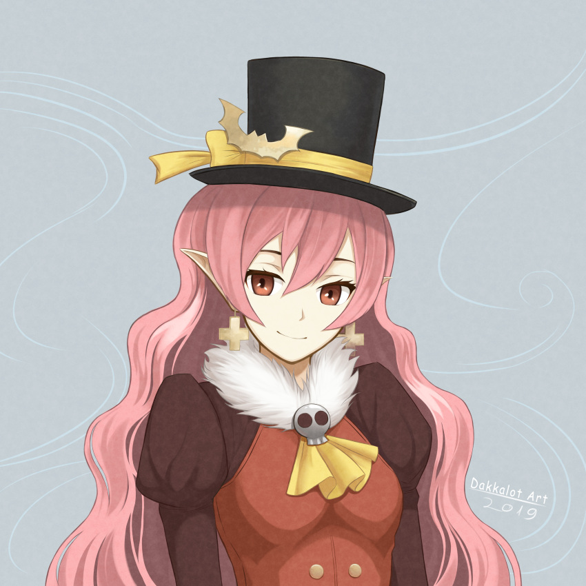 2019 absurdres arms_at_sides bat_ornament blue_background breasts brown_shirt commentary cravat cross cross_earrings dakkalot dolce_(rune_factory) earrings english_commentary fur_collar greek_cross hair_between_eyes hat hat_ribbon head_tilt highres jewelry juliet_sleeves long_hair long_sleeves looking_at_viewer medium_breasts neck_ribbon pale_skin pink_hair pointy_ears puffy_sleeves red_eyes red_vest ribbon rune_factory rune_factory_4 shirt simple_background skull smile standing top_hat upper_body very_long_hair vest watermark yellow_neckwear