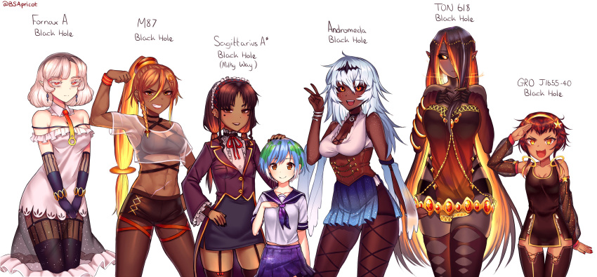 6+girls abs absurdres black_hair black_hole black_legwear blue_hair breasts commentary danielle_brindle dark_skin earth-chan english_commentary flat_chest green_hair hair_between_eyes hand_on_another's_head hand_on_own_chest highres long_hair looking_at_viewer low_twintails m87_black_hole multicolored_hair multiple_girls open_mouth orange_eyes orange_hair pantyhose personification ponytail school_uniform serafuku smile thigh-highs twintails very_long_hair